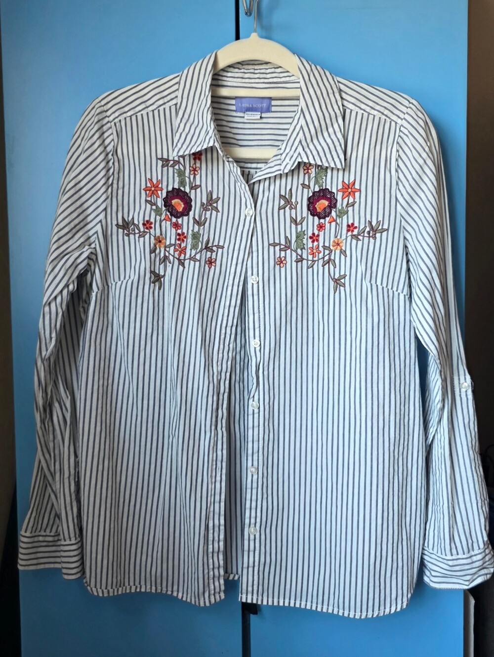Vintage Style Embroidered Pinstripe Button-Up Shirt - Floral Detail |  Size L